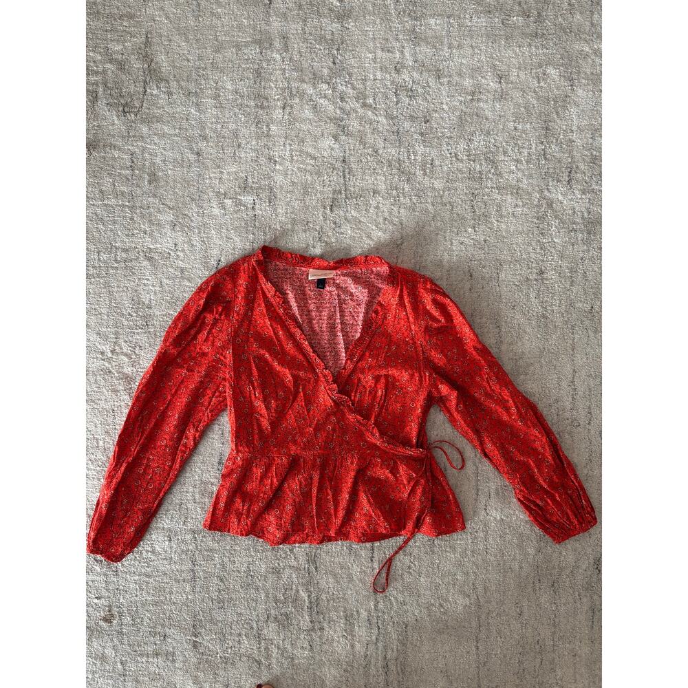 Universal Thread Red Floral Wrap Blouse Womens Large Long Sleeve Tie Waist - Picture 7 of 10
